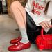 Cowhide Edition~Red French Mary Jane Women's Velcro Ballet Single Flat Casual Training Shoes_vogvips.com