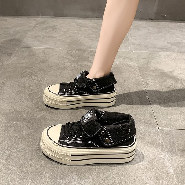 Women's High Thick Bottom Canvas Shoes Casual Retro Heightening Design Spring New Style Student Fashion Flip Top Lace-Up_vogvips.com