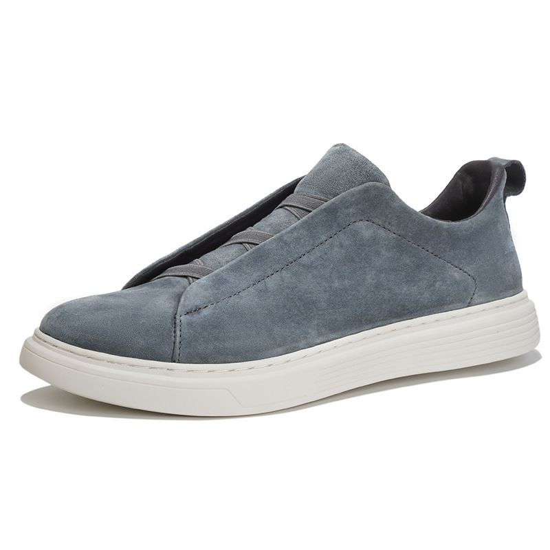 First Layer Pigskin Breathable Large Size Shoes Men's Elastic Free Shoelaces White Shoes Casual Loafers Round Head Board Shoes_vogvips.com
