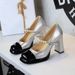 Women's Elegant Mary Jane Chunky Heel Shoes – Two-Tone Patent Leather With Pearl Accents & Platform For Parties & Evening Wear_vogvips.com