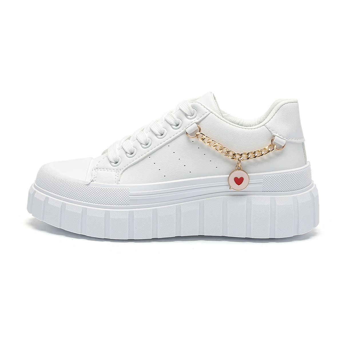 Women's Shoes New Large Size Women's Shoes Thick Bottom Heightening Sports Casual Shoes Women's Metal Love Chain Flat White Shoes_vogvips.com
