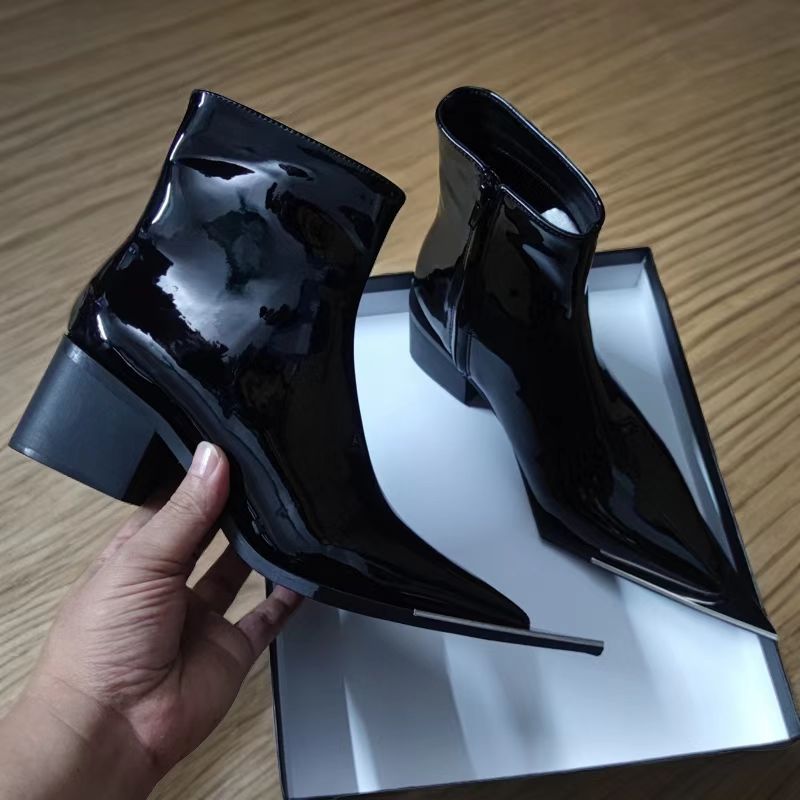 ShoeVault High Iron Pointed Toe Short Women British Side Zipper Martin Thick Heel Fashion Western Cowboy Boots Trendy Retro Style_vogvips.com