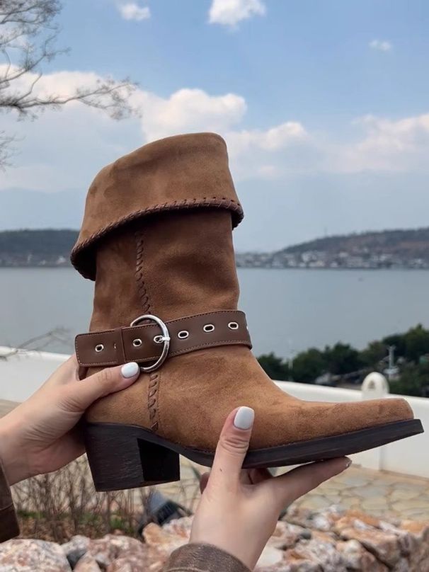 Cowhide Version Zhao Lusi Same Style Pile New Winter Melad Western Cowboy Chunky Heel Pointed Toe Short Boots For Women_vogvips.com