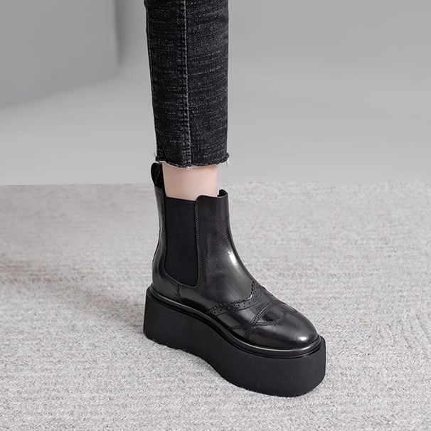 Chelsea Short Boots Women's British Style 2025 Autumn And Winter New Leather Heightened Platform Retro Square Head Martin Boots_vogvips.com