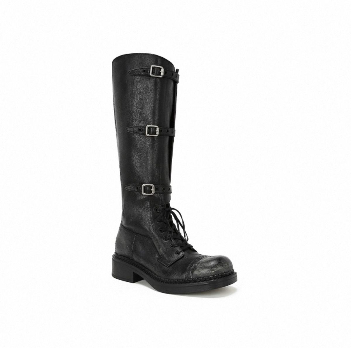 Sheepskin~ A Miu's Round Head Thick Heel Retro Niche Long Boots Women's Belt Buckle Lace-up Fashionable Fine Medium Tube Knight Boots_vogvips.com