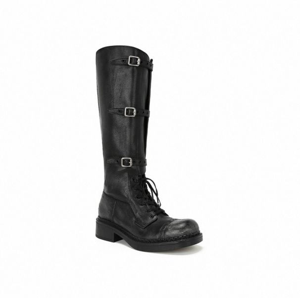 Sheepskin~ A Miu's Round Head Thick Heel Retro Niche Long Boots Women's Belt Buckle Lace-up Fashionable Fine Medium Tube Knight Boots_vogvips.com