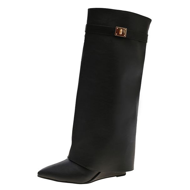 Pointed-Toe Boots Turn-Up Collar Buckle Versatile High-Top Boots 2025 Fall/Winter New_vogvips.com