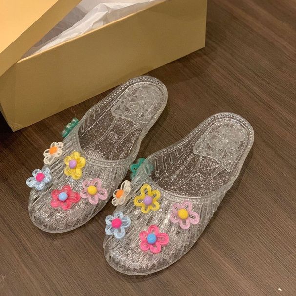 Korean Jelly Shoes For Women, Korean Style Fashionable Outdoor Closed-Toe Flat Shoes, Transparent Shoes With Flower Accessories, Beach Shoes_vogvips.com