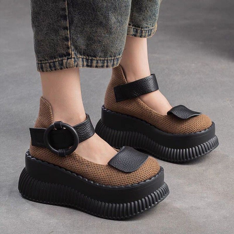 Retro Thick-soled Velcro Single Shoes Women's Muffin Thick-soled Fashion Trend Round Head Velcro Big Head Shoes Women_vogvips.com