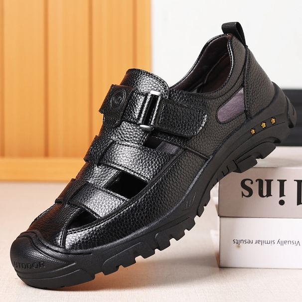 Men's Genuine Leather Slip-On Sandals - Breathable Soft Leather Beach Shoes With Rubber Sole - Casual Comfortable Footwear For Summer_vogvips.com