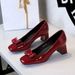 Square Head Bow Shallow Mouth Single Shoes Patent Leather Thick Heel Comfortable Women's Shoes_vogvips.com