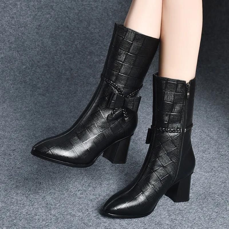 Chunky Heel Martin For Women 2022 Autumn Winter New Bow Side Zipper Leather Mid-Calf Fashion Boots_vogvips.com