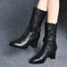 Chunky Heel Martin For Women 2022 Autumn Winter New Bow Side Zipper Leather Mid-Calf Fashion Boots_vogvips.com