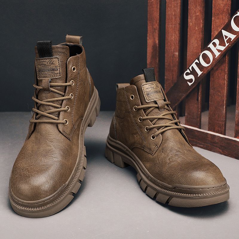 Martin Autumn 2023 New High-top British Style PU Mid-top Leather Shoes Men Black Work Boots Winter_vogvips.com