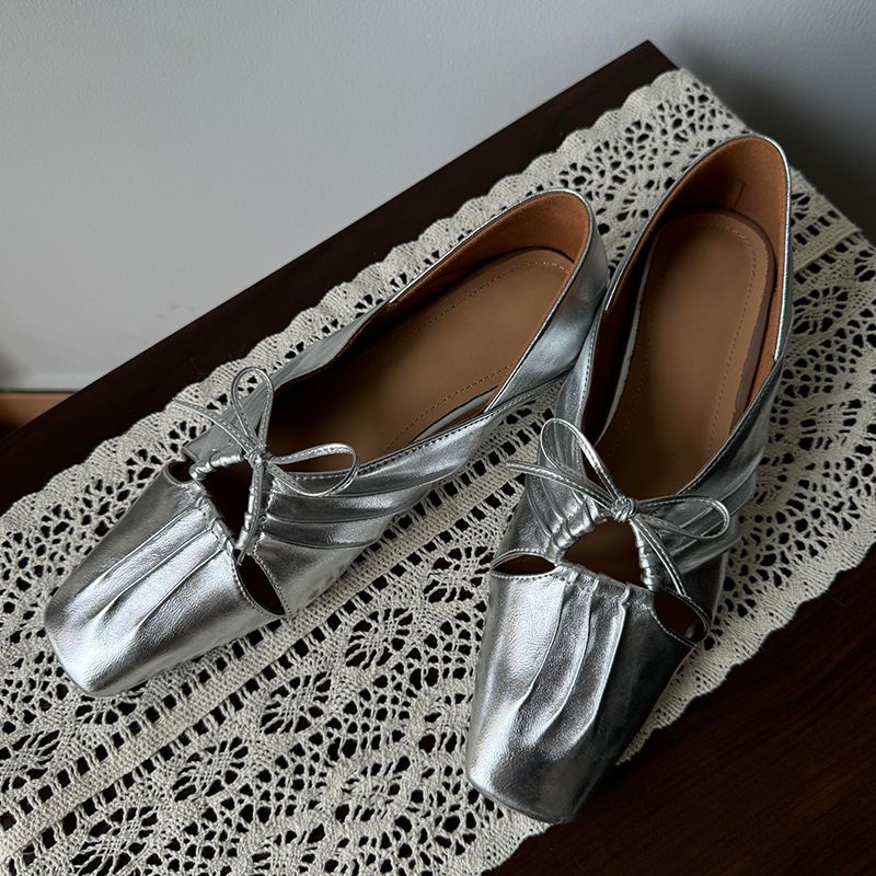 Sheepskin Version Design Pleated Hollow Square Head Mary Jane Shoes Genuine Leather Bow Flat Shoes_vogvips.com