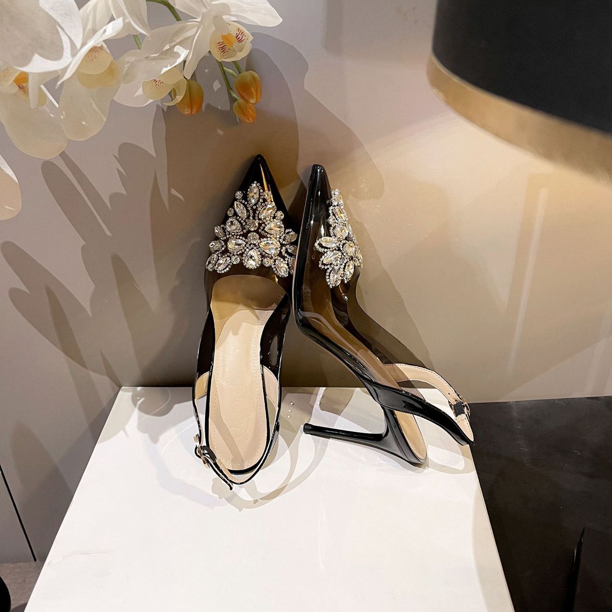 2026 New Model Closed-Toe Sandals With Open Back, Rhinestone High Heels, French Bowknot Elegant Single Shoes, In Stock_vogvips.com
