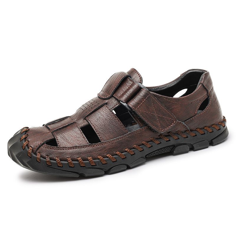 Summer Closed-Toe Sandals Lightweight Size 48 Beach Casual Breathable Velcro Soft Leather Surface Hole Shoes For Men_vogvips.com