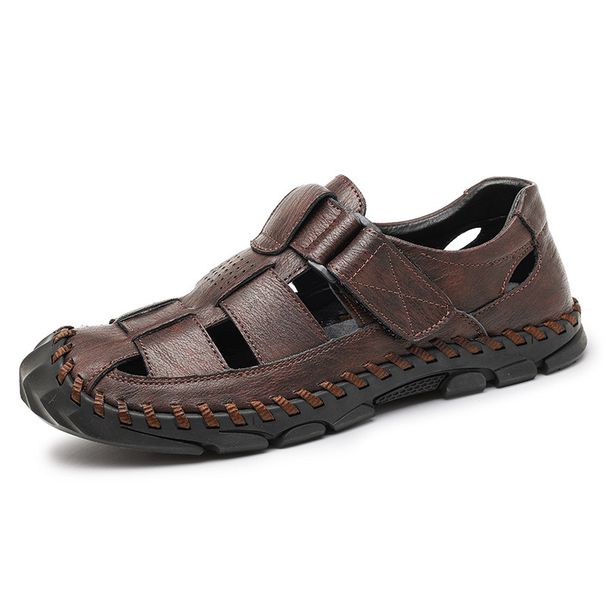 Summer Closed-Toe Sandals Lightweight Size 48 Beach Casual Breathable Velcro Soft Leather Surface Hole Shoes For Men_vogvips.com