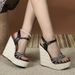 Women's High Heeled Platform Wedge Sandals Rhinestone Cross Straps Straw Rope Soles 15 Cm_vogvips.com