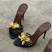 Women Black Genuine Leather Gold Metal Flower Open Toe Shallow Slip On Stiletto Heel Slide Slippers Sandals_vogvips.com