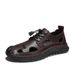 Men's Beach Shoes Summer Outdoor Hollow Breathable Sandals Men's Genuine Leather Soft Sole Slip-On Roman Sandals_vogvips.com