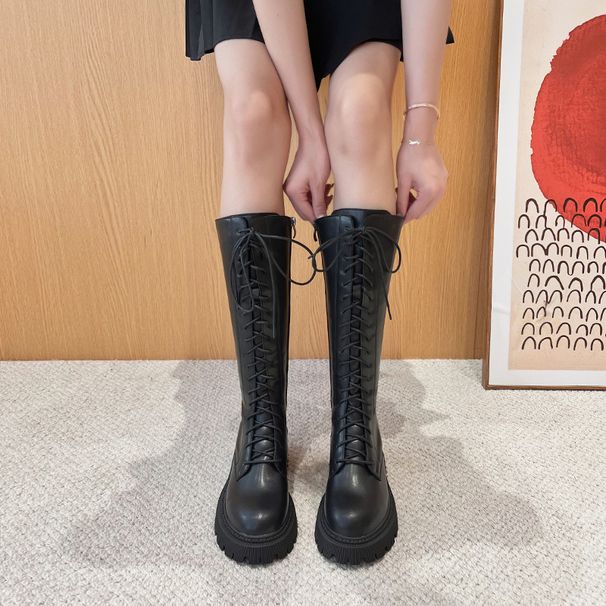 2023 Women's Lace-Up Long Martin Black Hidden Wedge Over-the-Knee High Boots Waterproof Platform Thick Sole_vogvips.com