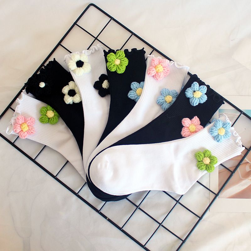 Socks Handmade Flower Socks For Women, Curled Wool Flower Socks, Autumn And Winter Warm Mid Tube Socks, Student Sports Socks_vogvips.com