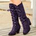 Women's Chunky Heeled Long Boots, Retro Solid Color Lace Up Knee High Boots, Casual Heeled Riding Boots_vogvips.com