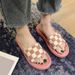 Women's Summer Outdoor Slippers, Trendy Black And White Plaid Flat Beach Sandals, Indoor Slide Sandals_vogvips.com