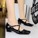 8292-2 Korean Version Fashion Date Cross Straight Belt Women's Shoes Square Toe Thick Heel Metal Shiny Surface Patent_vogvips.com
