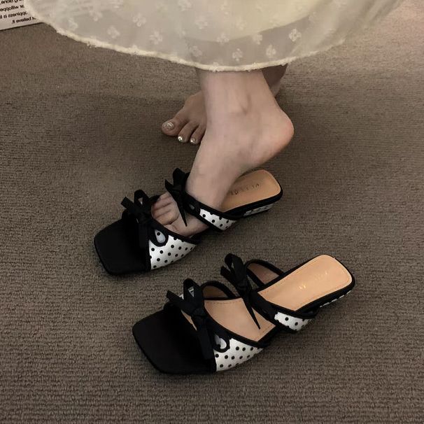 French Chic Polka Dot Bow Low Heel Sandals - New Summer Collection, Soft & Ethereal Open-toe Slides_vogvips.com