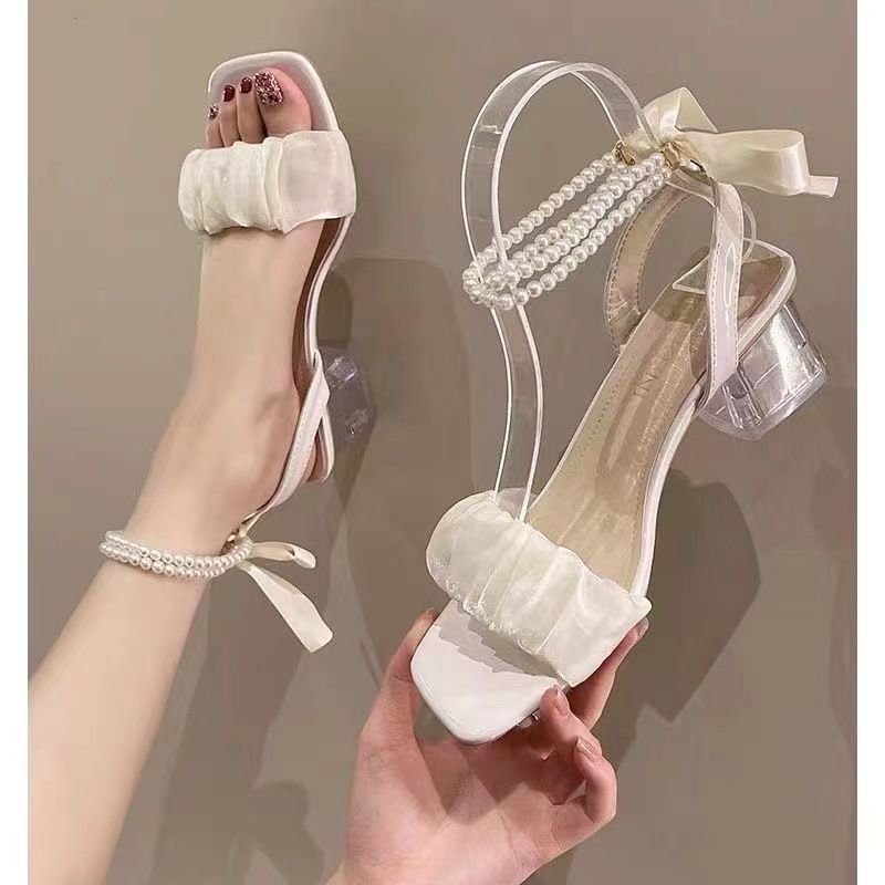 French-style Evening Breeze Niche Pearl High-heeled Sandals For Women, Summer 2025 New Model, Mid-heel Fairy Style,_vogvips.com