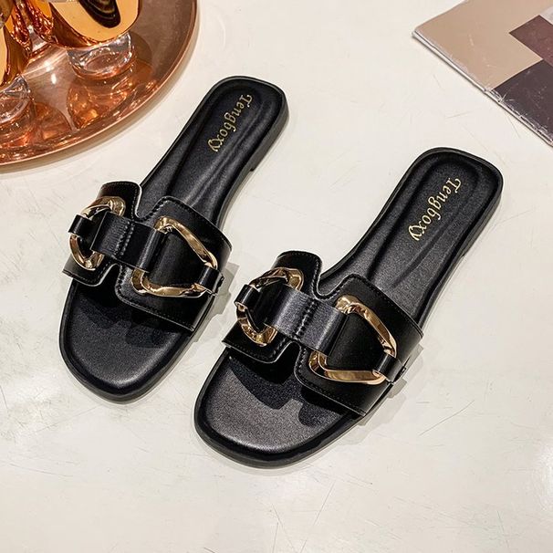 Women's Plus Size Slippers Summer Wear Metal Buckle Soft Sole One Strap Square Toe Sandals_vogvips.com