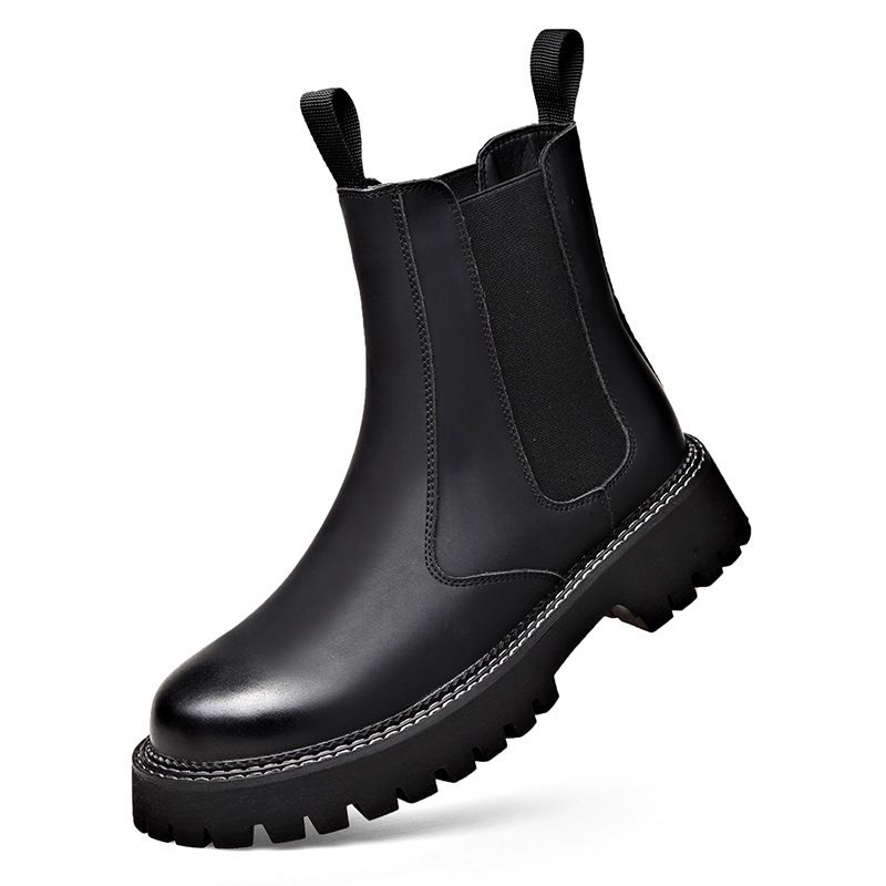 European Warm Series Autumn Winter Genuine Leather Yellow Men High Top Thick Sole Lightweight Martin Boots Casual Comfortable Elastic Slip-On_vogvips.com