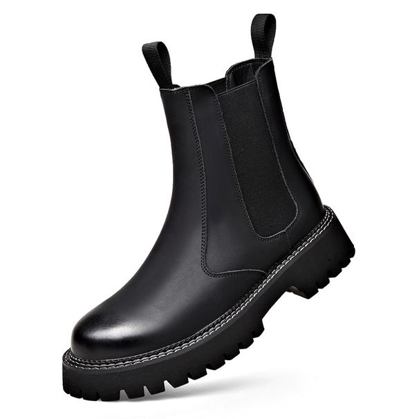 European Warm Series Autumn Winter Genuine Leather Yellow Men High Top Thick Sole Lightweight Martin Boots Casual Comfortable Elastic Slip-On_vogvips.com