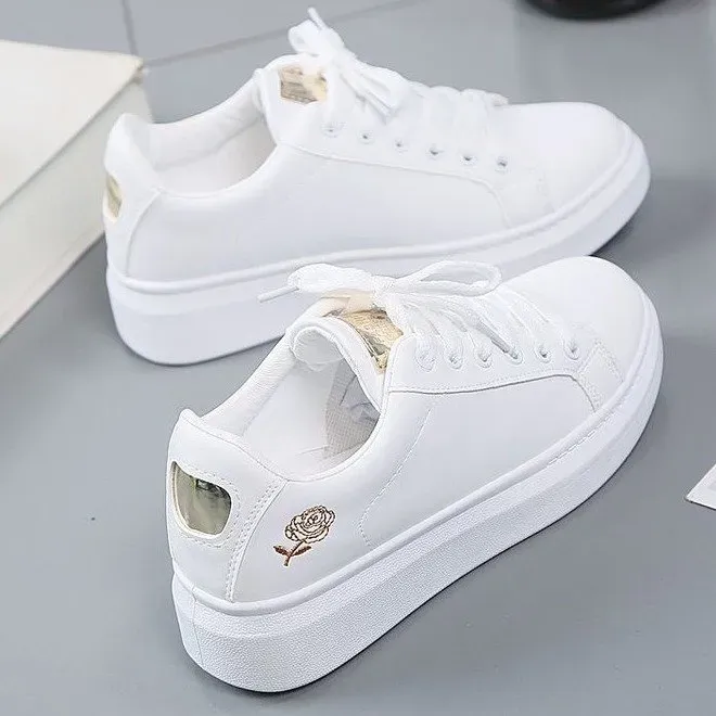 Women's White Shoes New Design Korean Casual Style Print Rose Flat Bottom Triple Sliver Gold Free Shipping 456_vogvips.com