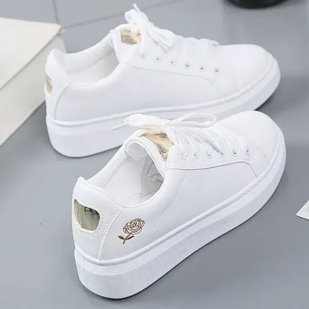 Women's White Shoes New Design Korean Casual Style Print Rose Flat Bottom Triple Sliver Gold Free Shipping 456_vogvips.com