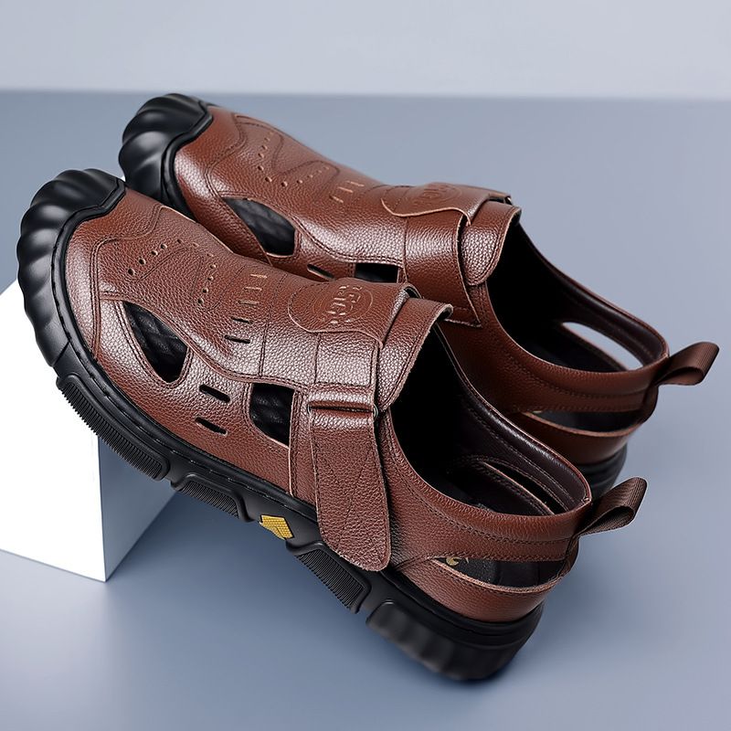 Men's Sandals 2025 Summer New Hollow Breathable Hole Men's Leather Anti Slip Casual Versatile Dad Shoes_vogvips.com