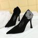 H L French Pointed Shallow High Heeled Shoes With Fine Heels Suede Rhinestones Side Flowers Single_vogvips.com