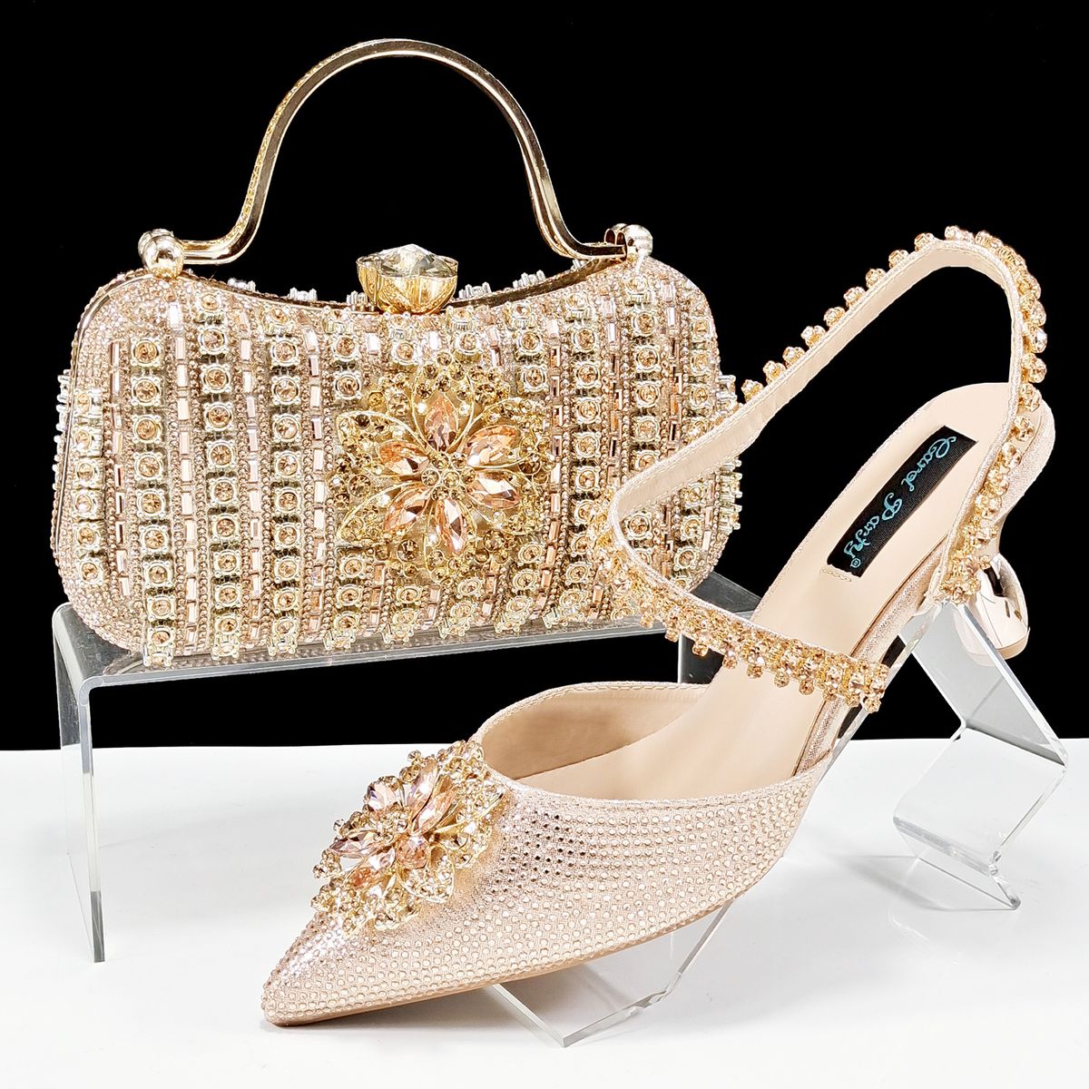 Women’s Shoes Fashionable and sexy women's shoe and bag set Diamond buckle flower decoration Ankle diamond chain with hard clutch bag_vogvips.com