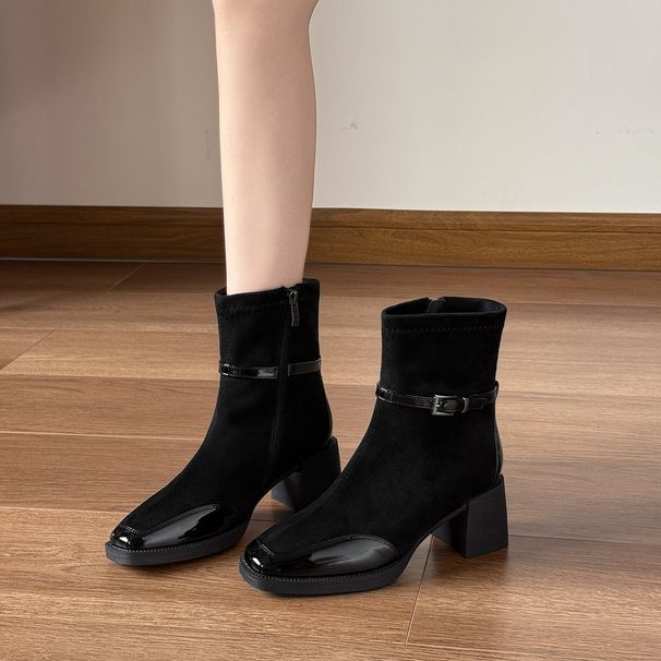 High Heel Ankle Boots For Women 2025 New Side Zipper Chunky Heel Winter Women's Boots Square Toe Patchwork Mid-Calf Fashion Boots_vogvips.com