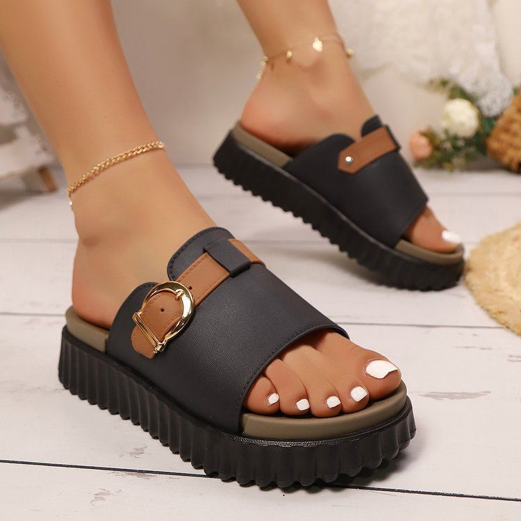 Fashionable Buckle Strap Foreign Trade Shoes, Cross-border European And American Large Size Solid Color Thick-soled_vogvips.com