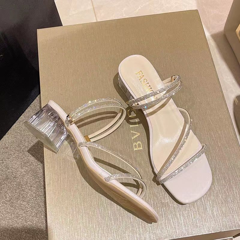 Two-Way Wear Summer For Women 2024 New Style Rhinestone Fairy Crystal Chunky Heel Sandals Internet Celebrity High Heels_vogvips.com