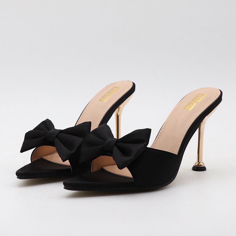 Cross-border 2026 European And American Sexy Pointed-toe Bowknot Stiletto High-heeled Slippers, Simple Solid Color,_vogvips.com
