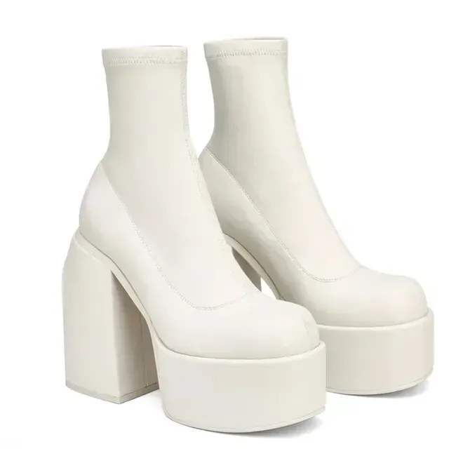 Designer Ankle For Brand Woman Platform Chunky Blue Cowboy Boots Solid PU Women Shoes New Sexy 10cm High Heels_vogvips.com