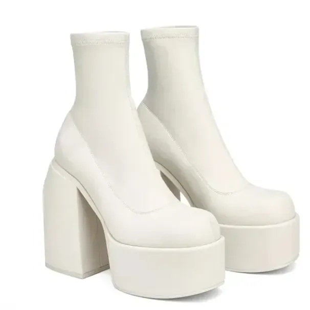 Designer Ankle For Brand Woman Platform Chunky Blue Cowboy Boots Solid PU Women Shoes New Sexy 10cm High Heels_vogvips.com