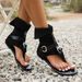 European And American Style Toe Post Flat Roman 2024 Summer New Denim Belt Buckle Large Size High Top Sandals For Women_vogvips.com