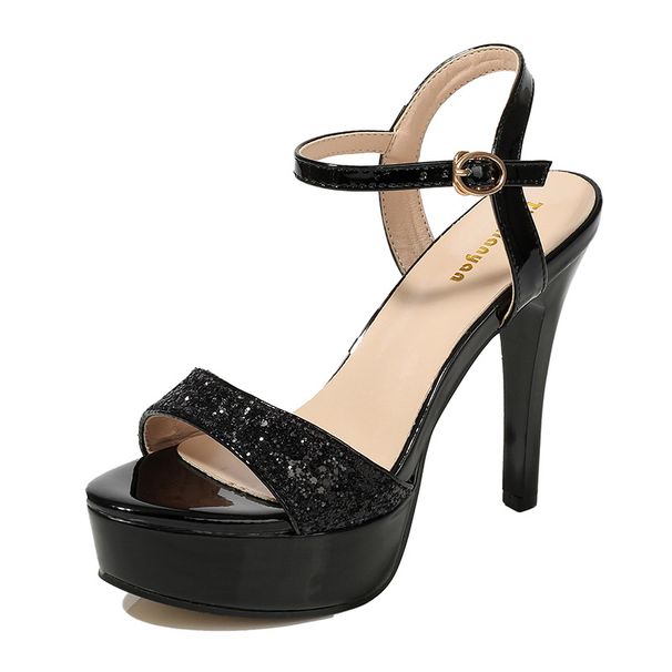 Fashionwaterproof Sequin One Buckle Thin Heel Super High Heel Wedding Banquet Fashion Women's Flats Sandals_vogvips.com