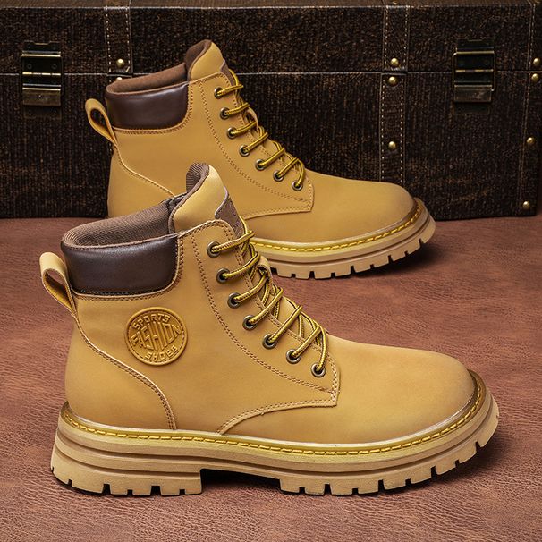 Men's Martin Autumn Winter Fleece-Lined Warm Cotton Shoes High-Top Work Snow British Style Yellow Boots_vogvips.com