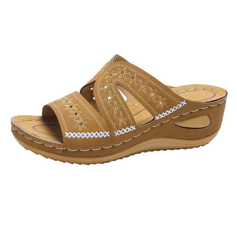 Women's Shoes Summer Women's Wedge Heel Stitching Sandals Fish Mouth Thick Bottom Hollow Large Size Shoes Embroidered One Word Sandals_vogvips.com